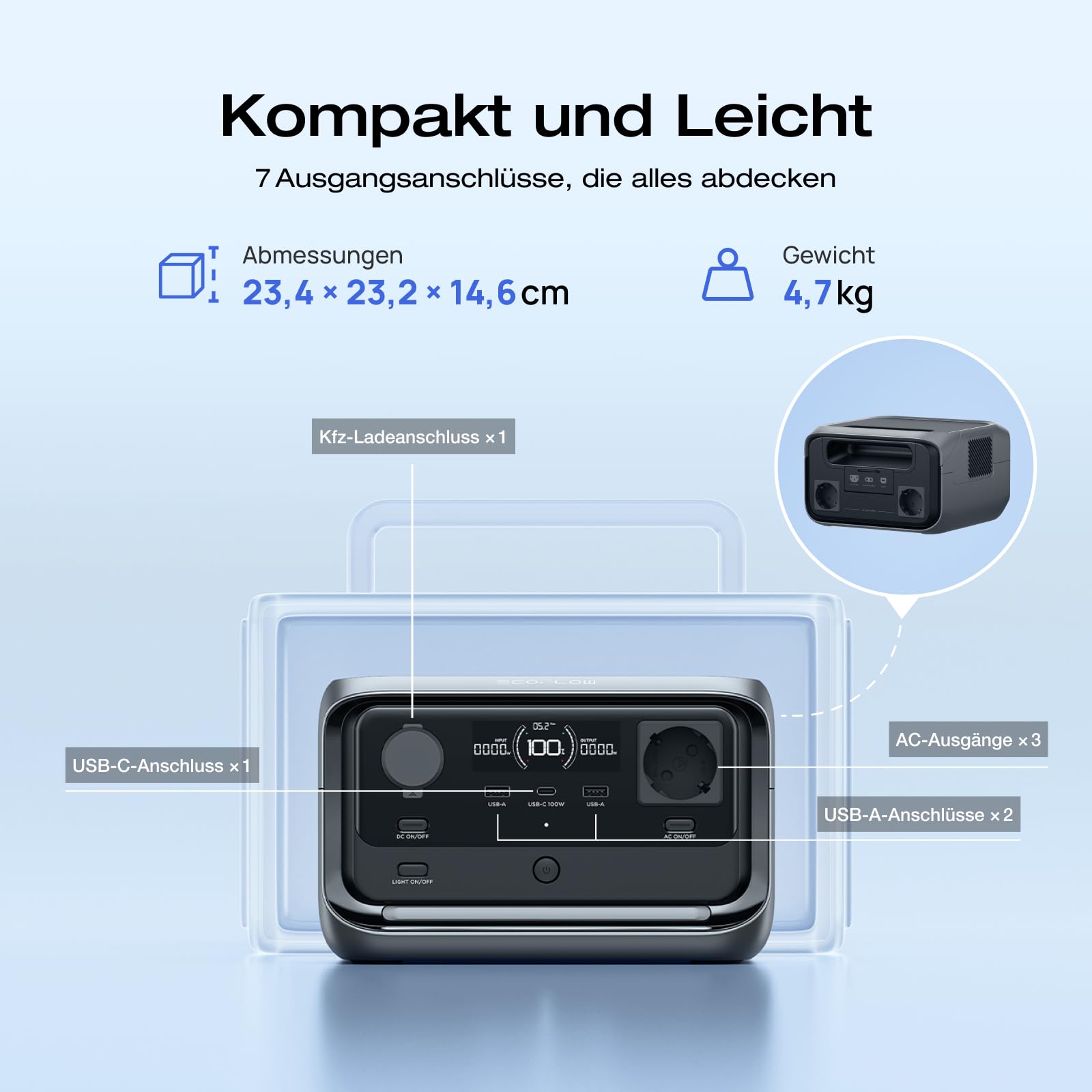 ECOFLOW RIVER 3 Plus Tragbare Powerstation, 286 Wh LFP Batterie, bis zu 1 200 W Leistung, 16 Stunden+ Laufzeit für <100 W Geräte, erweiterbar auf 858 Wh, <10 ms USV, Solargenerator für Camping, RV